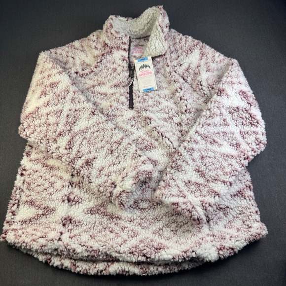 Womens Cozy Sherpa Pullover Quarter Zip Fleece Maroon White Tie Dye Large - Picture 2 of 6